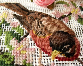 Vintage  PREWORKED Needlepoint Canvas Bird PETIT POINT - Robin on Apple Blossom Branch