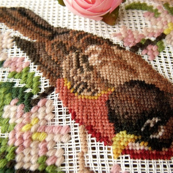 Vintage  PREWORKED Needlepoint Canvas Bird PETIT POINT - Robin on Apple Blossom Branch