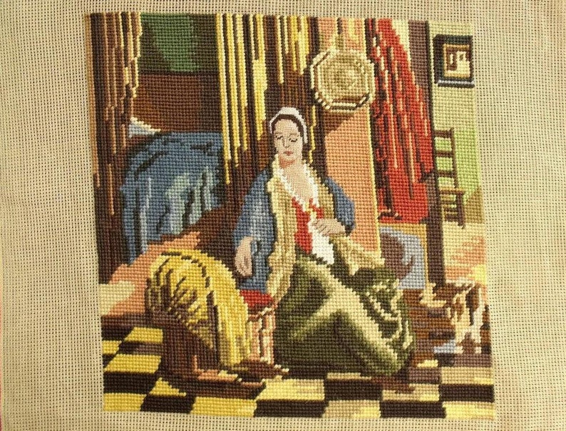 ANTIQUE Tapestry Vtg 18 COMPLETED Needlepoint Canvas ART Lady Etsy