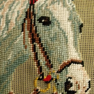 Antique Vintage 14&quot; PREWORKED Needlepoint Canvas -Luxury Mint Horse Elegant  *UNIQUE