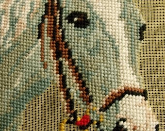 Antique Vintage 14" PREWORKED Needlepoint Canvas -Luxury Mint Horse Elegant  *UNIQUE