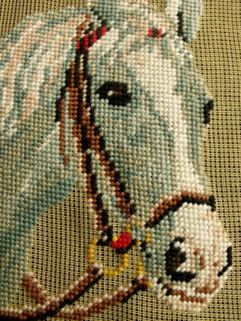 Luxury Mint Horse Elegant *UNIQUE Antique Vintage 14 PREWORKED Needlepoint Canvas