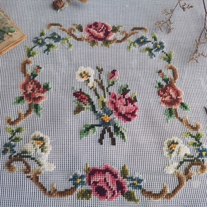 ANTIQUE French Pink Roses Floral Chair Cover. Large 23&quot; Vintage PREWORKED Needlepoint Canvas White Liles Floral Bunch