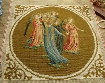ANGELS Musical Scroll AntiQue FRENCH vintage Completed Needlepoint Canvas Tapestry