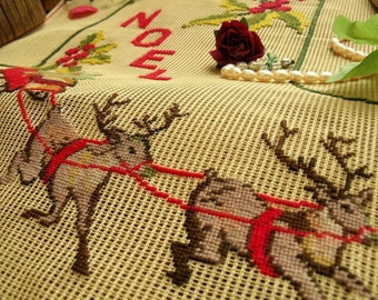 NOEL PREWORKED Needlepoint Canvas Reindeer Sled GIFT vintage  Christmas Stocking PetitPoint