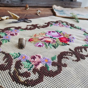 ANTIQUE French Stool Cover. Victorian Needlepoint Floral Bunch. Vintage PREWORKED Needlepoint Canvas Stunning