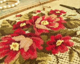 Vivid Reds Rich Flower Moss Green -18&quot; Vintage Needlepoint Canvas PREWORKED Rustic Cottage