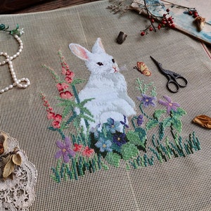Vintage 18 PREWORKED Needlepoint Canvas Bunny Rabbit in Flowers Animals ...