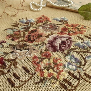 Rustic Earth tone Flowers Bunch Farmhouse - 23&quot; Vintage PREWORKED Needlepoint Canvas Autumn