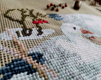 Vintage winter Duck Needlepoint Canvas: Pre-Worked Farmhouse Decor (12x8.4") wildlife GIFT