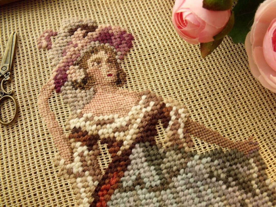 Vintage Needlepoint Unfinished Canvas Wall Hanging, Historical Theme