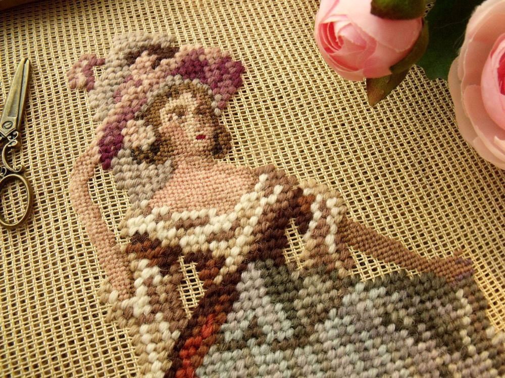 Vintage Needlepoint Unfinished Canvas Wall Hanging, Historical Theme