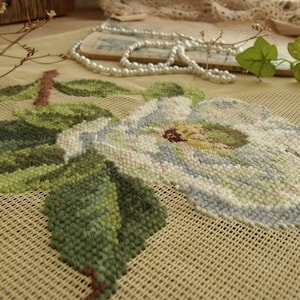 Modern SHABBY white Magnolia Flower -18&quot; Vintage PREWORKED Needlepoint Canvas Leaves