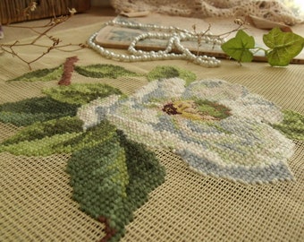 Modern SHABBY white Magnolia Flower -18&quot; Vintage PREWORKED Needlepoint Canvas Leaves