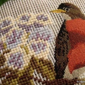 Vintage PREWORKED Needlepoint Canvas Bird PETITPOINT- Carolina Wren Yellow Jessamine