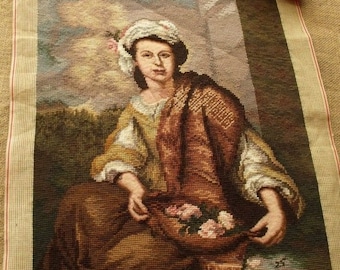 HUGE COMPLETED Needlepoint Canvas Wool Tapestry Canvas ANTIQUE - Camille Lady