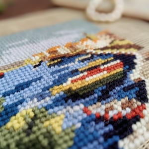 COMPLETED sea scenery beach village Blue green Brown red Wall Hanging ART Needlepoint Tapestry, Vintage COMPLETED Needlepoint Canvas Cute