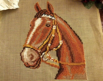 Vintage Needlepoint Canvas Handmade ---- Horse Brown Nice