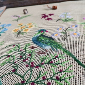 Antique *Medieval* Pheasant .Large 27&quot; vintage Preworked Needlepoint Canvas 100% TINY Petit point. Farmhouse Woodland Wild Animals  Flowers