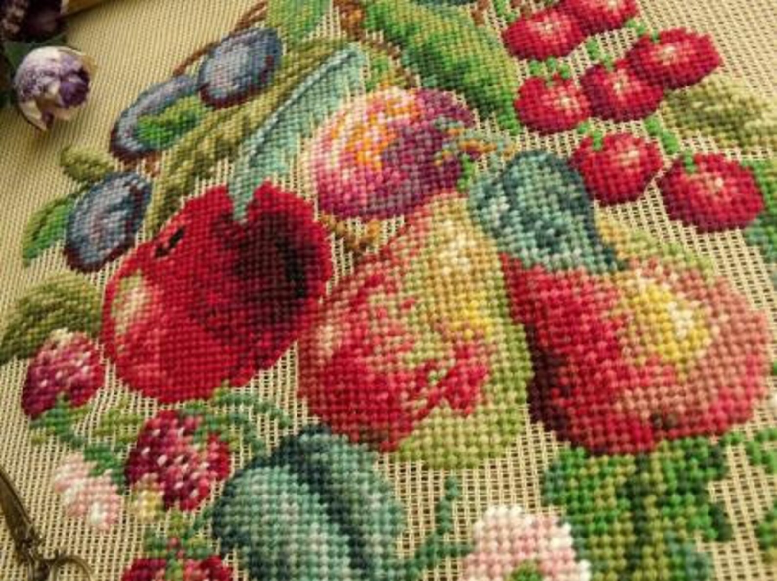 Antique 27 Vintage PREWORKED Needlepoint Canvas Plum Cherry Mint Blue