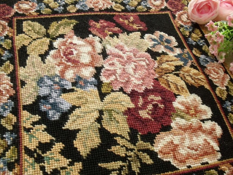 Vintage Completed Needlepoint Canvas Antique Tapestrygorgeous Rose