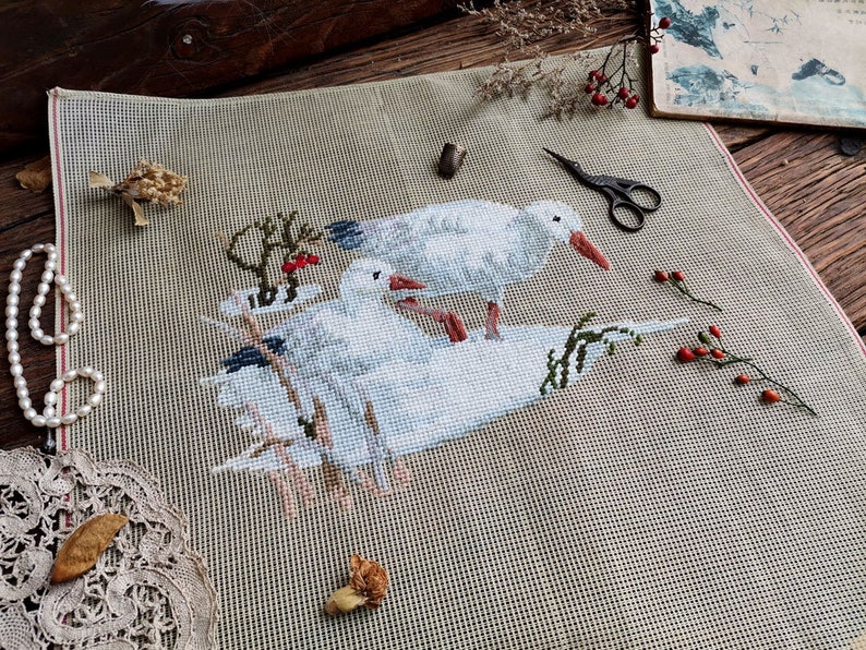 Vintage Needlepoint Canvas Winter Duckegg Ducks PREWORKED Needlepoint