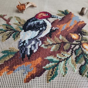 Antique Decor. Woodpecker Bird on Branch. Vintage PREWORKED Needlepoint Canvas Bird
