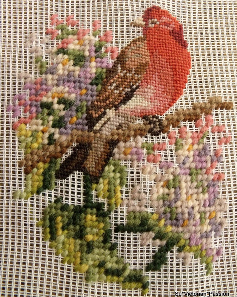 Vintage PREWORKED Needlepoint Canvas Bird PETIT POINT Embroidered