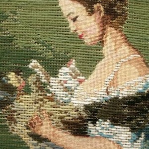 RARE! ANTIQUE Trammed Colonial Lady Dog -- 14 Vintage PREWORKED Needlepoint Canvas Lady with Dog Wall hanging