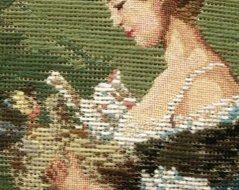 RARE! ANTIQUE Trammed Colonial Lady Dog -- 14 Vintage PREWORKED Needlepoint Canvas Lady with Dog Wall hanging