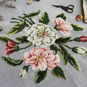 23&quot; Shabby Soft White Pink Bouquet Chair Cover. Large Floral Chair Cover . Vintage PREWORKED Needlepoint Canvas