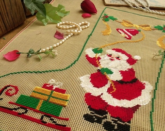 Santa Rings The Bell -- vintage PREWORKED Needlepoint Canvas Christmas Stocking  - Christmas Gift