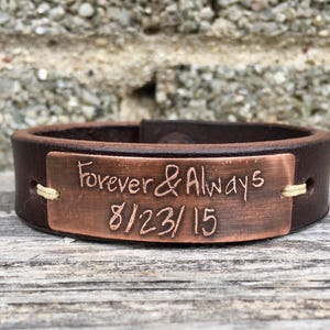 Your own handwriting or logo etched 3/4 leather and copper bracelet, kids handwriting, gift for mom, gift for dad, handmade image 1