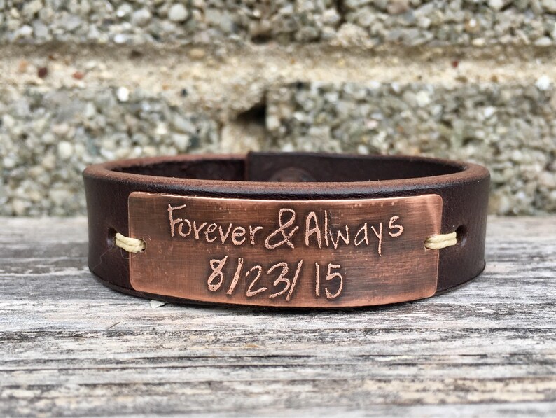 Your own handwriting or logo etched 3/4 leather and copper bracelet, kids handwriting, gift for mom, gift for dad, handmade image 1