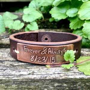 Your own handwriting or logo etched 3/4 leather and copper bracelet, kids handwriting, gift for mom, gift for dad, handmade image 5