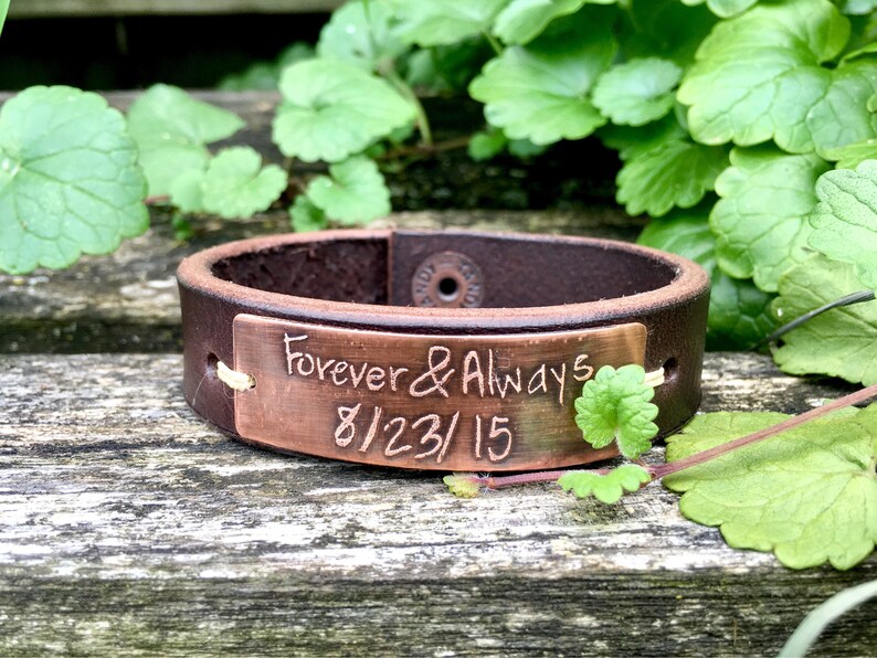 Your own handwriting or logo etched 3/4 leather and copper bracelet, kids handwriting, gift for mom, gift for dad, handmade image 5