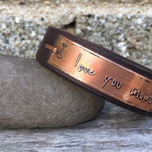 Your own handwriting or logo etched 3/4 leather and copper bracelet, kids handwriting, gift for mom, gift for dad, handmade image 3