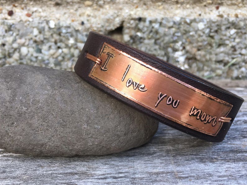 Your own handwriting or logo etched 3/4 leather and copper bracelet, kids handwriting, gift for mom, gift for dad, handmade image 3