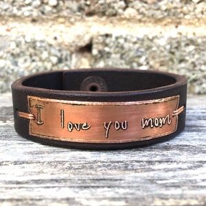 Your own handwriting or logo etched 3/4 leather and copper bracelet, kids handwriting, gift for mom, gift for dad, handmade image 7