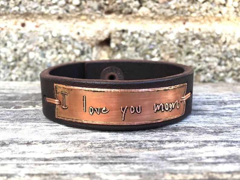 Your own handwriting or logo etched 3/4 leather and copper bracelet, kids handwriting, gift for mom, gift for dad, handmade image 7