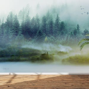 Misty Pine Forest Wall Mural – Foggy Nature Landscape Wallpaper for Bedroom & Living Room