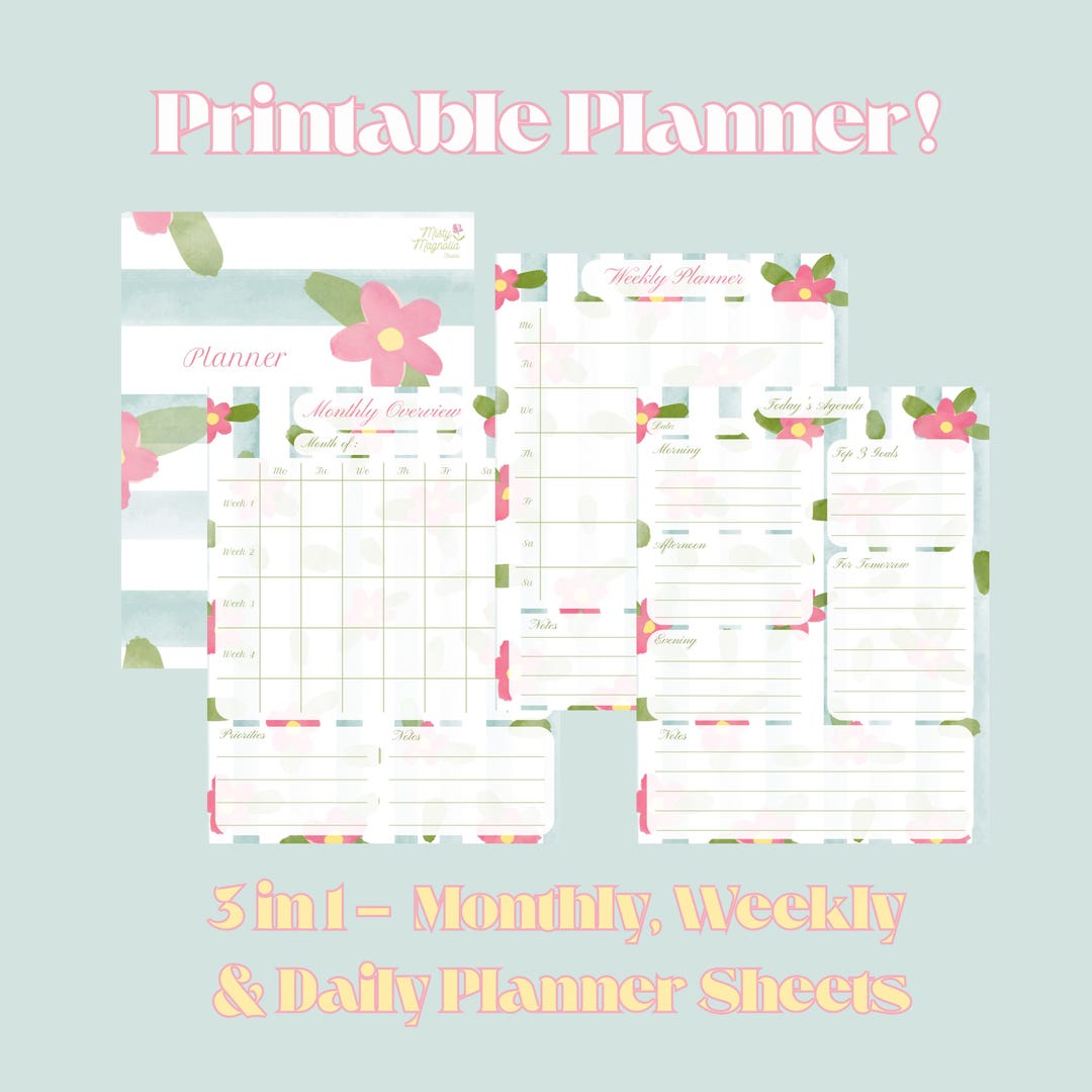 Floral Daily Planner Printable | Cute Daily Weekly and Monthly Planner ...