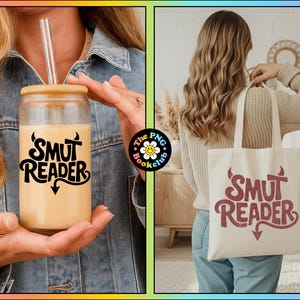 May include: The image features a glass tumbler and a tote bag, both with the text "SMUT READER" in a playful font. The tumbler has a bamboo lid and straw. The tote bag is a natural color with the text in a reddish-brown hue.