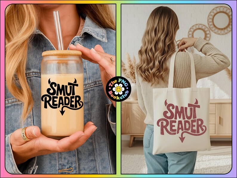 May include: The image features a glass tumbler and a tote bag, both with the text "SMUT READER" in a playful font. The tumbler has a bamboo lid and straw. The tote bag is a natural color with the text in a reddish-brown hue.