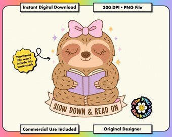 Cute Bookish Sloth PNG File: Pink Book Lover Clipart Digital Download for T-Shirt Sublimation Printable Kindle Stickers