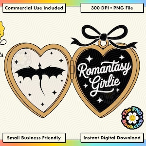 May include: A gold-colored heart-shaped locket graphic with a black bow on top. The left side shows a black dragon silhouette on a cream background with stars. The right side features the white text Romantasy Girlie on a black background with stars.