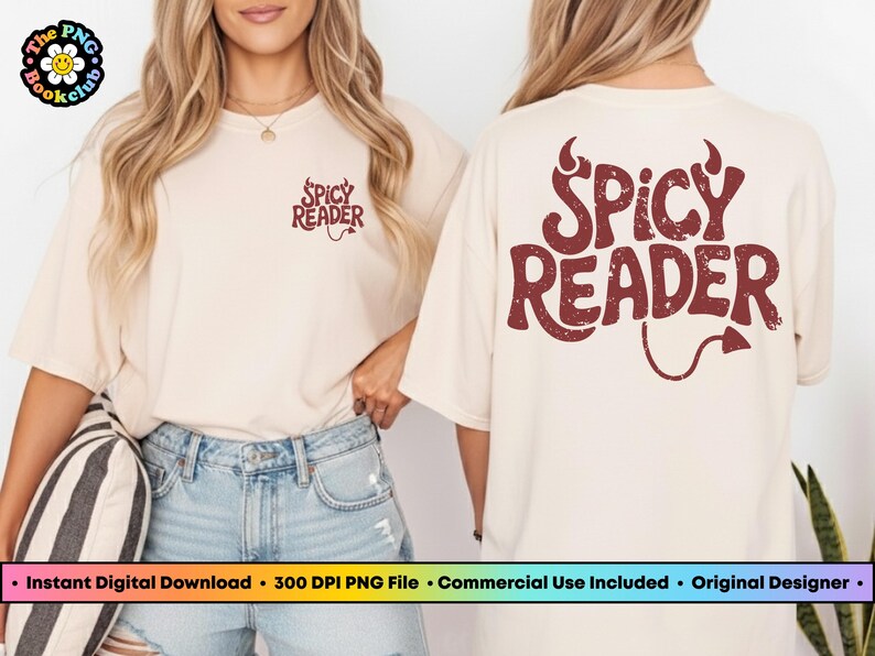 May include: Cream-colored t-shirt with the text "Spicy Reader" in maroon on the front and back. The design includes devil horns and a tail. The shirt is worn with denim shorts.