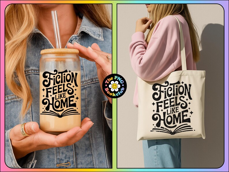 May include: A glass tumbler with a bamboo lid and straw, and a canvas tote bag. Both items feature the text "Fiction Feels Like Home" in a black, decorative font, with an open book illustration. The tumbler contains a light-colored beverage.