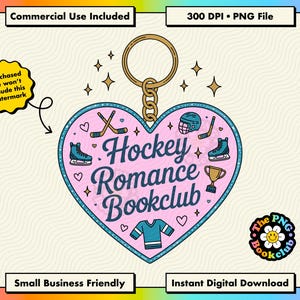 May include: A heart-shaped keyring graphic featuring the text Hockey Romance Bookclub in dark blue script. The pink background includes illustrations of hockey skates, sticks, a helmet, a trophy, a jersey, and small hearts with gold stars.