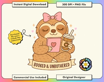 Cute Bookish Sloth PNG File: Pink Book Lover Clipart Digital Download for Kindle Stickers | Sublimation Design for T-Shirts Tote Bags Mugs